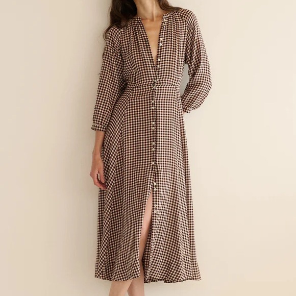 NWT Doen Madelaine Cotton Button 3/4 Long Sleeve Midi Maxi Dress Delphine Plaid